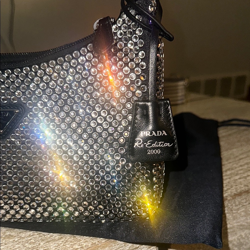 Prada Re-Edition 2000 Black Satin Mini Bag w/ Crystals - Picture 7 of 13